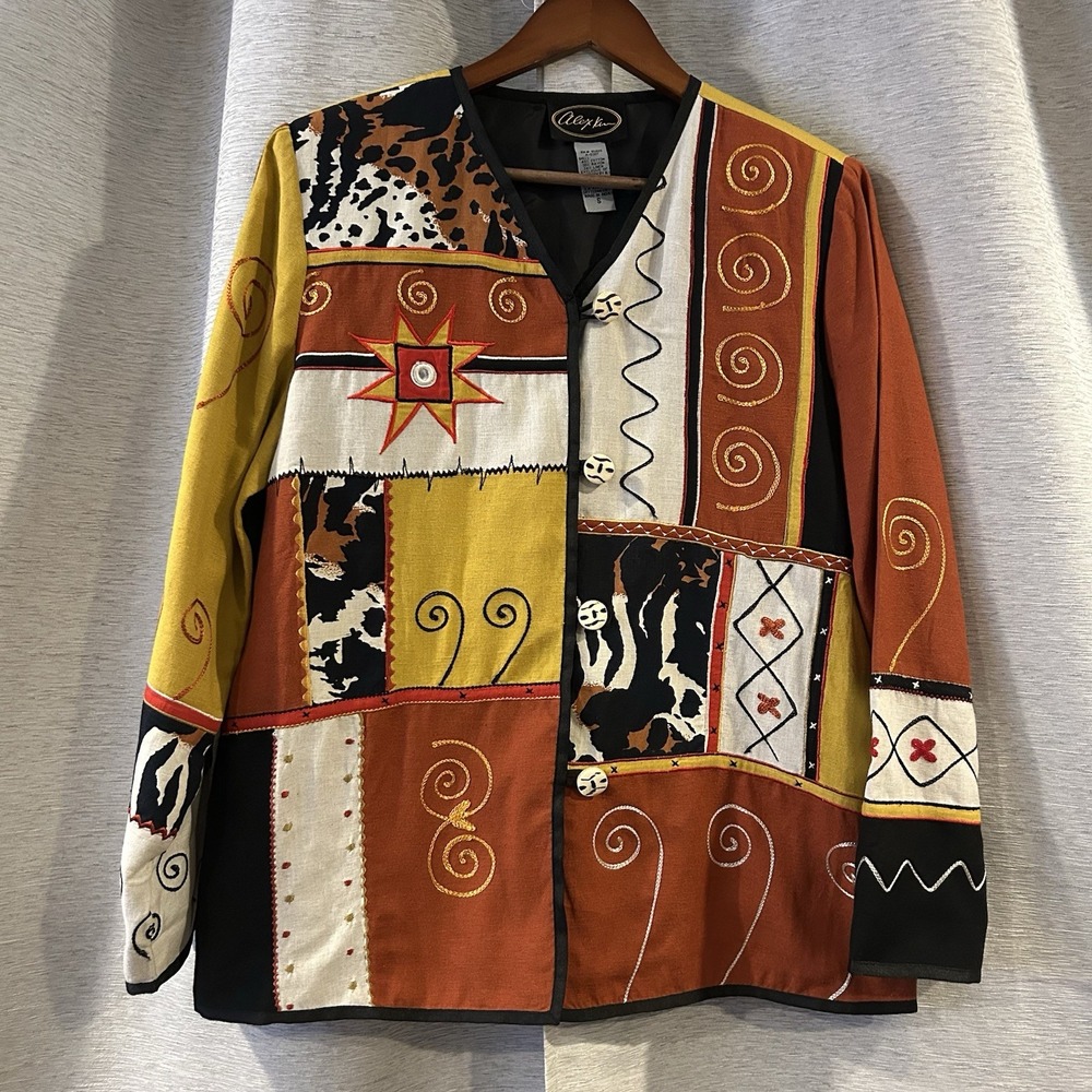 Alex Kim Jacket Blazer Women's Size Small Embroidered‎ Patched Art To Wear Retro